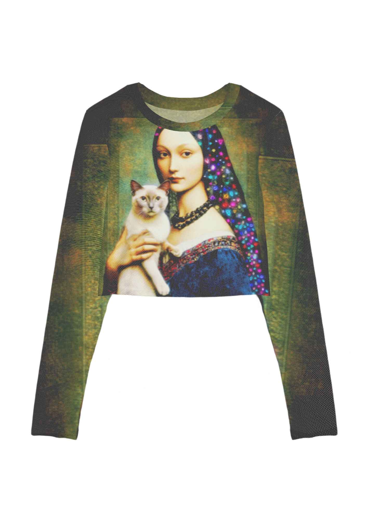 Renaissance Lady With Cat Y2K Mesh Long Sleeve Crop Top Cherrykitten