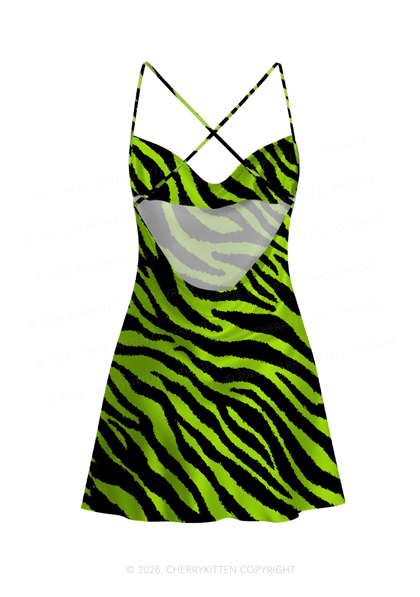 Green Zebra Y2K Print Satin Cowl Neck Slip Dress Cherrykitten
