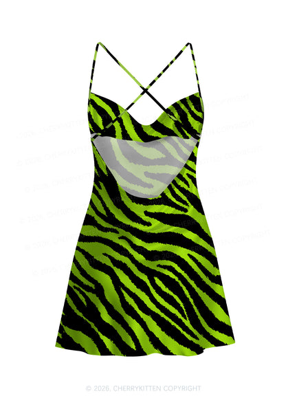 Green Zebra Y2K Print Satin Cowl Neck Slip Dress Cherrykitten