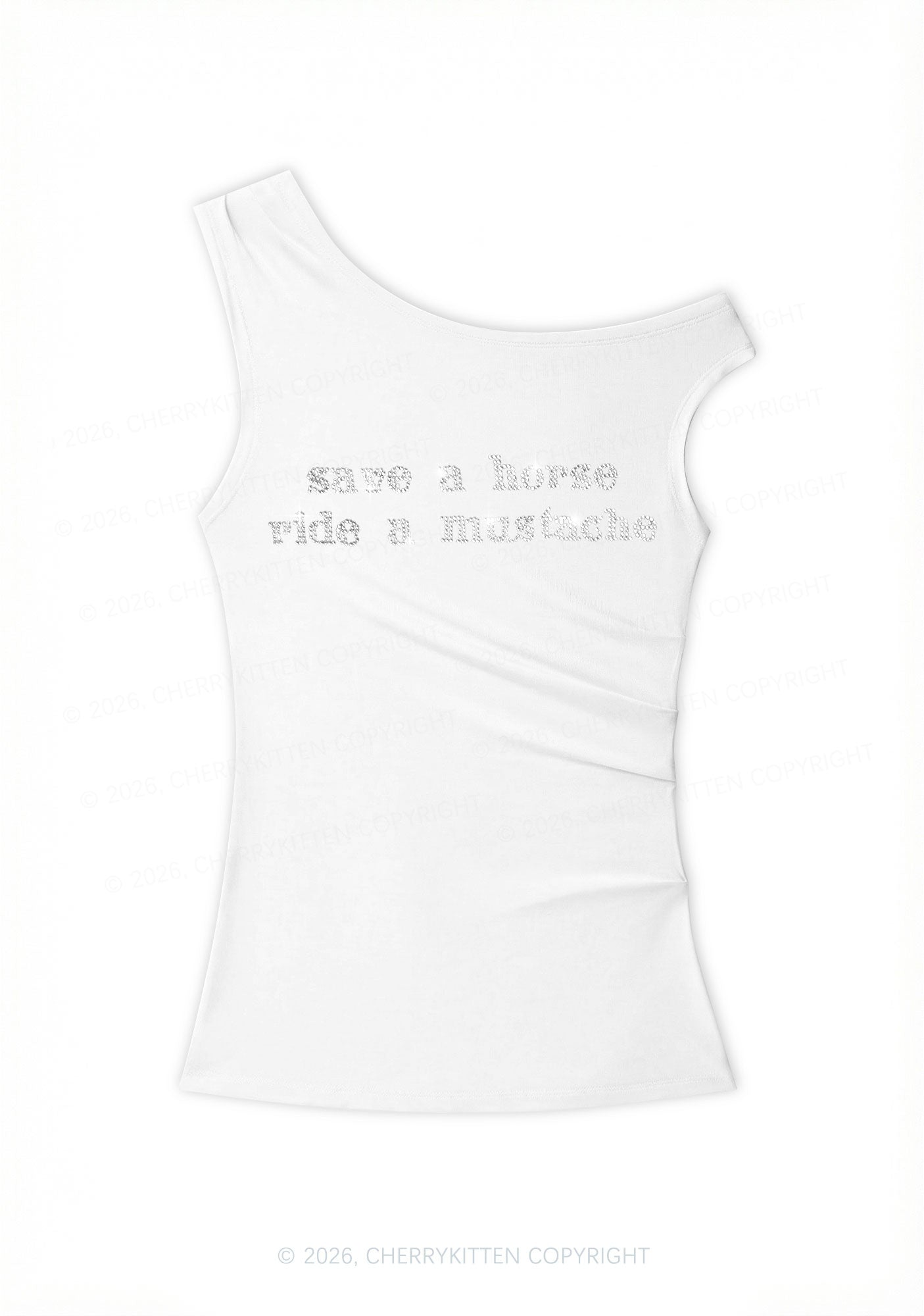 Rhinestone Ride A Mustache Y2K Off Shoulder Tank Top Cherrykitten