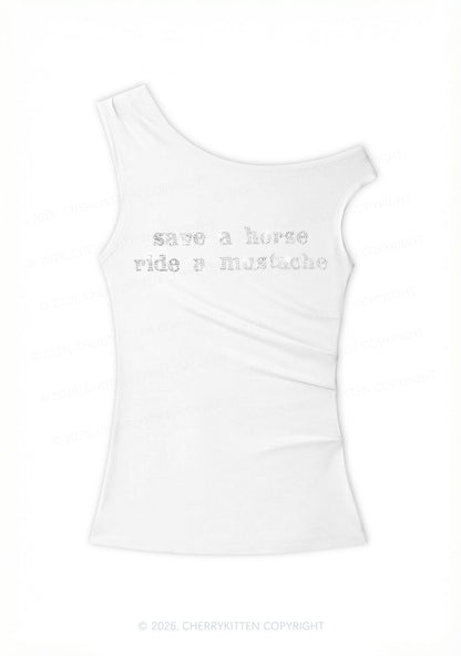 Rhinestone Ride A Mustache Y2K Off Shoulder Tank Top Cherrykitten