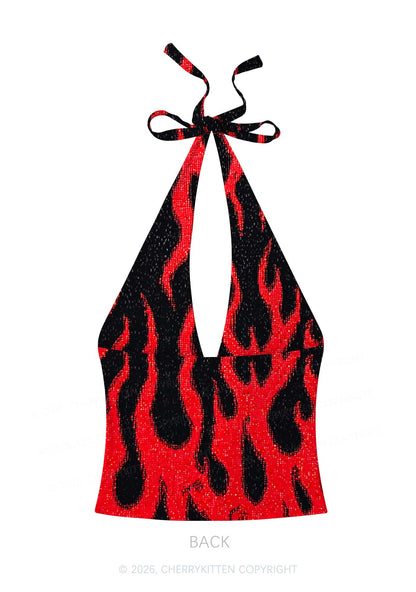 Red Flame Y2K Print Halter Deep V Neck Cami Cherrykitten