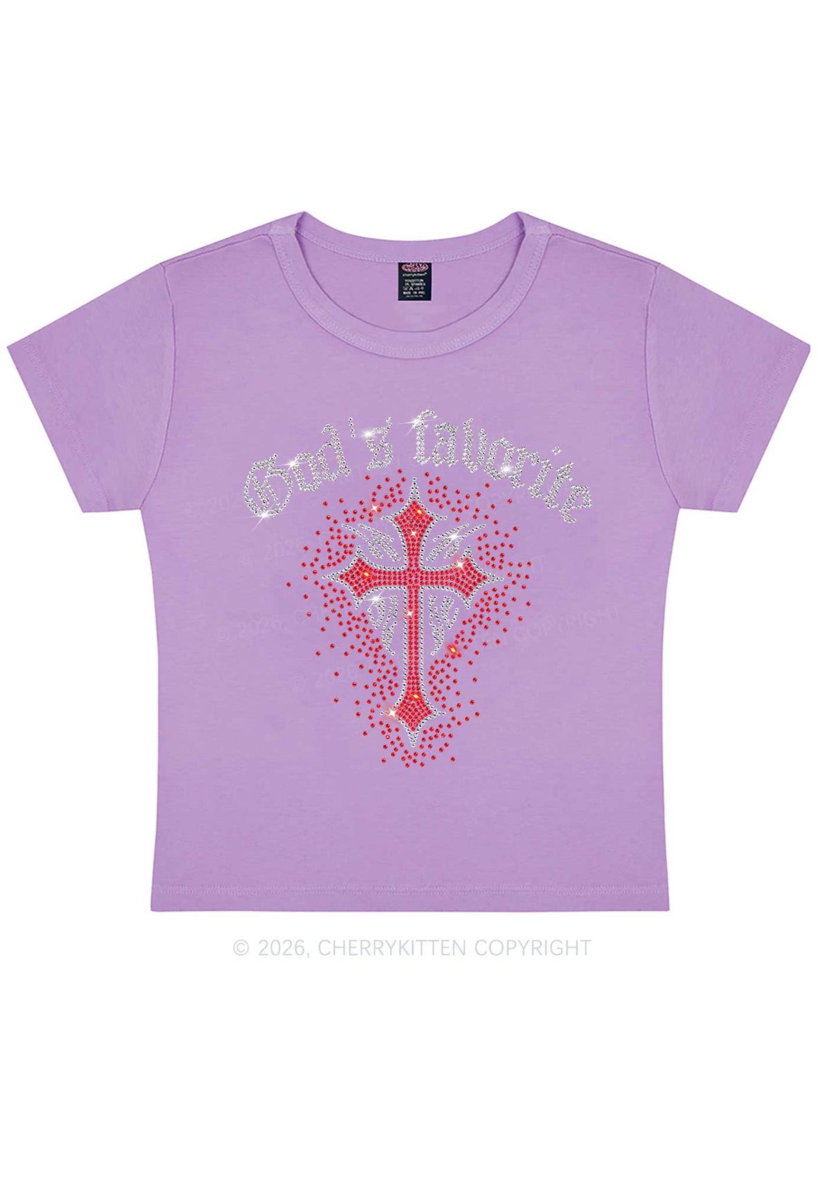 Rhinestone Gods Favorite Cross Y2K Baby Tee Cherrykitten