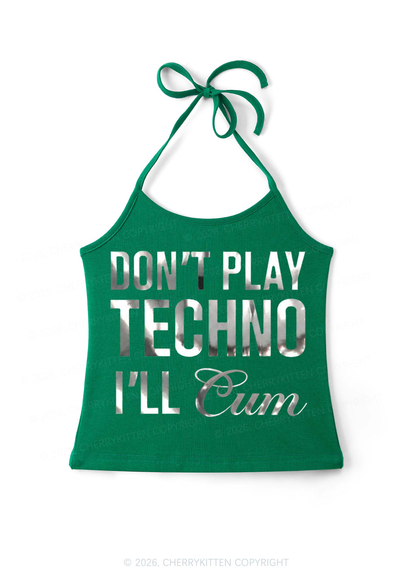 Dont Play Techno Silver Foil Printed Y2K Halter Neck Cami Cherrykitten