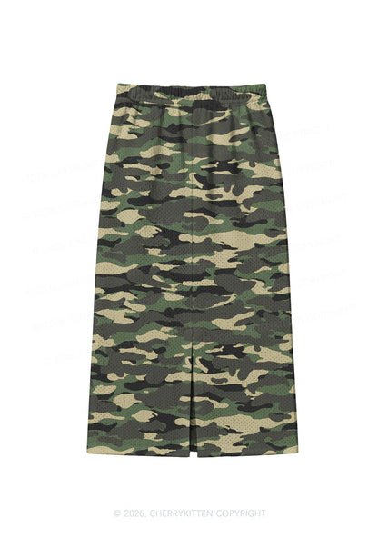 Classic Green Camo Y2K Sport Jersey Drawstring Midi Skirt Cherrykitten