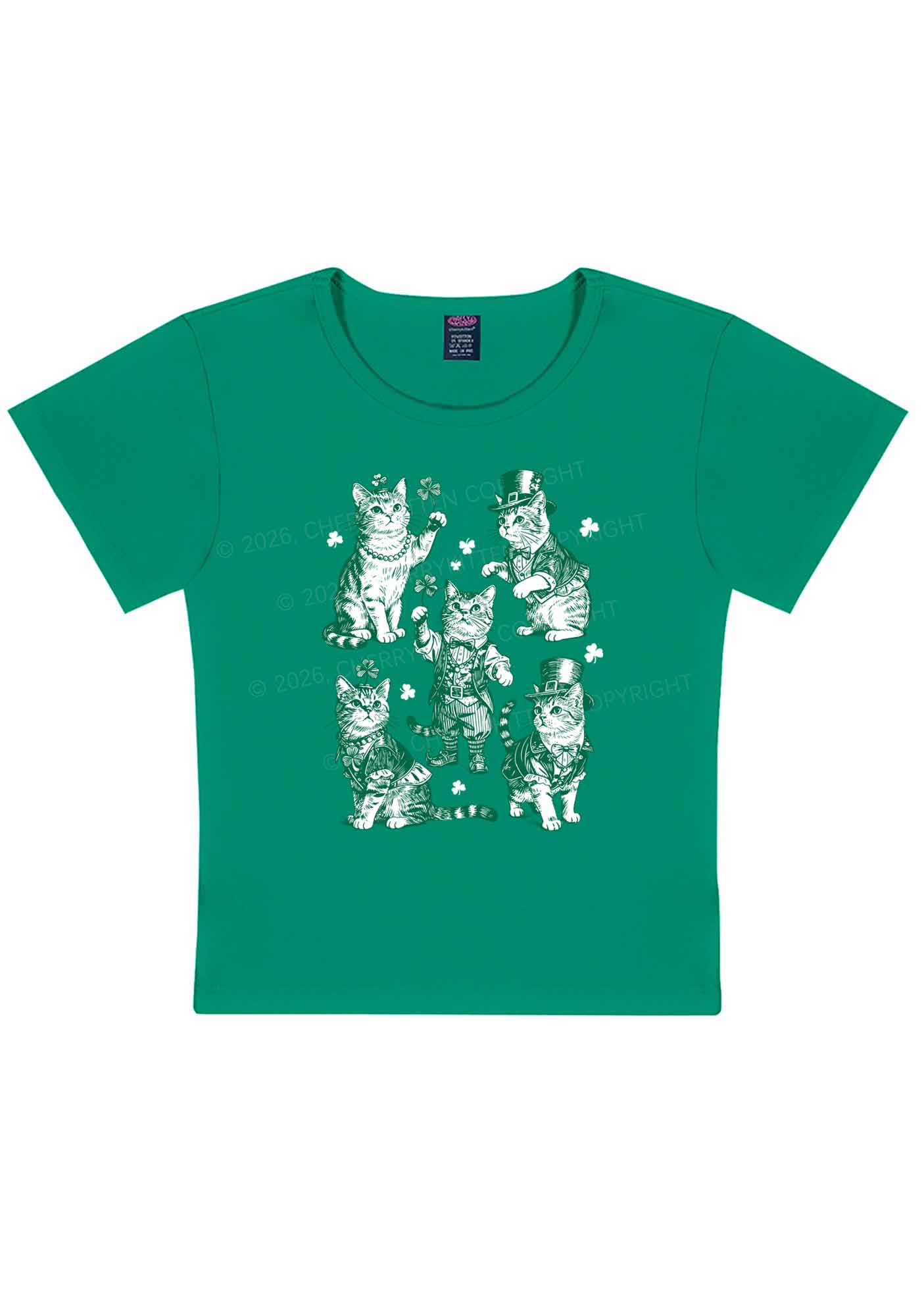 Green Lucky Cats St Patricks Y2K Baby Tee Cherrykitten