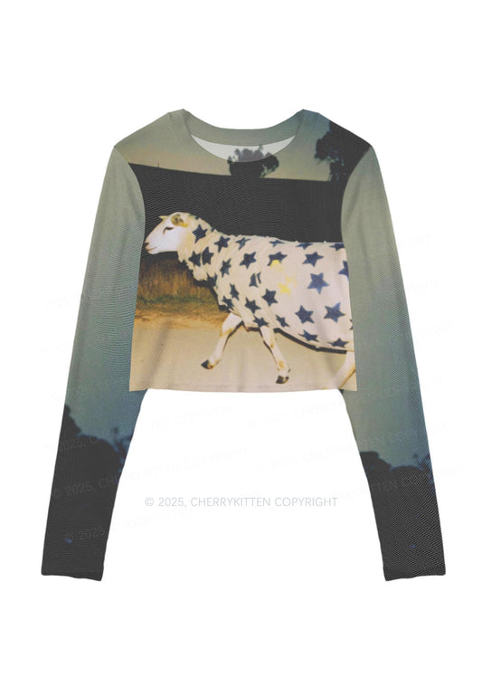 Sheep In Star Cloak Y2K Mesh Long Sleeve Crop Top Cherrykitten