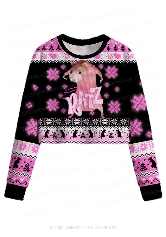 Hot Pink Ratz Y2K Christmas Crop Knit Sweatshirt Cherrykitten