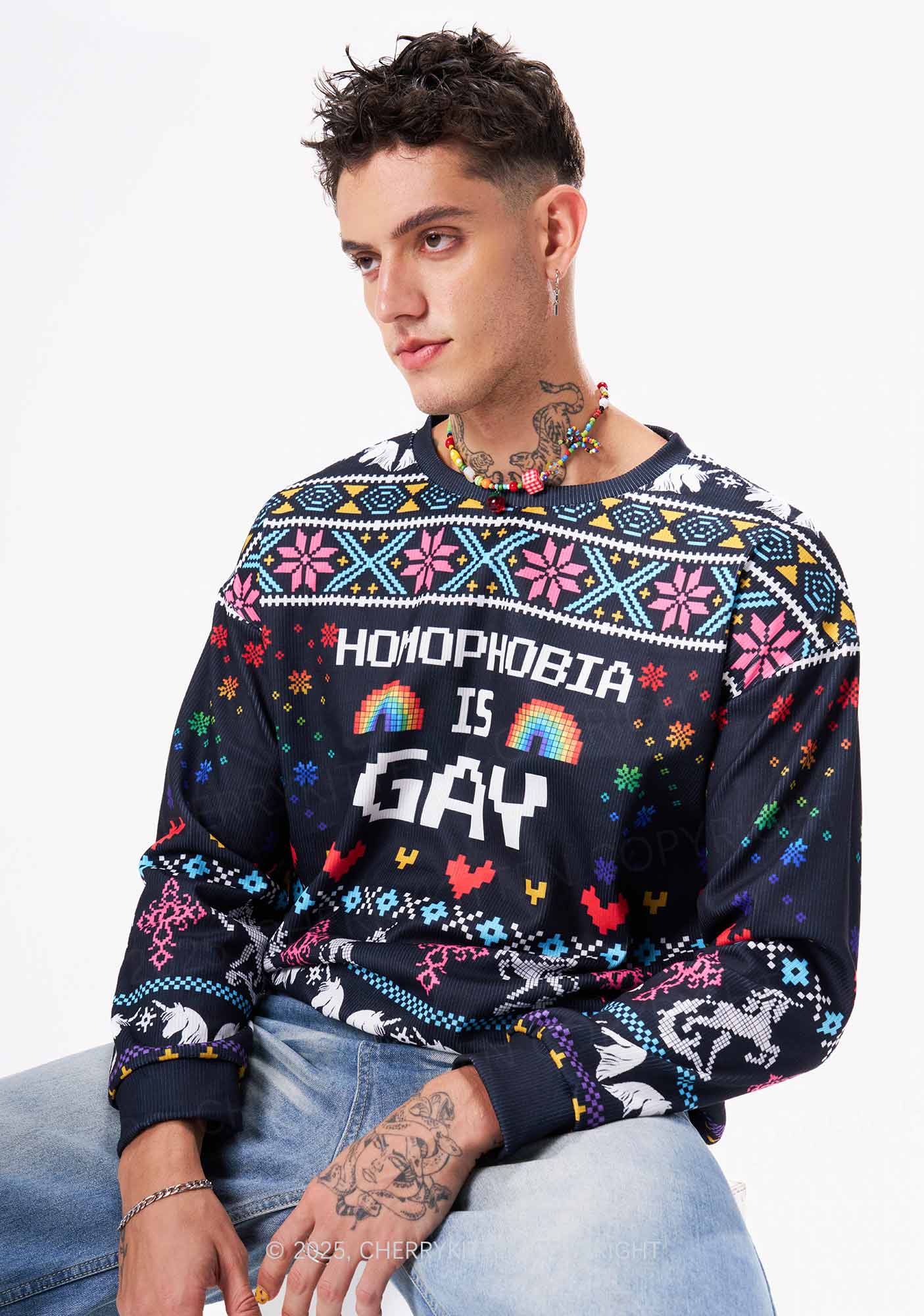 Homophobia Is Gay Pride Y2K Christmas Knit Sweatshirt Cherrykitten