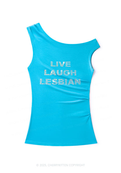 Rhinestone Live Laugh Lesbian Pride Y2K Off Shoulder Tank Top Cherrykitten