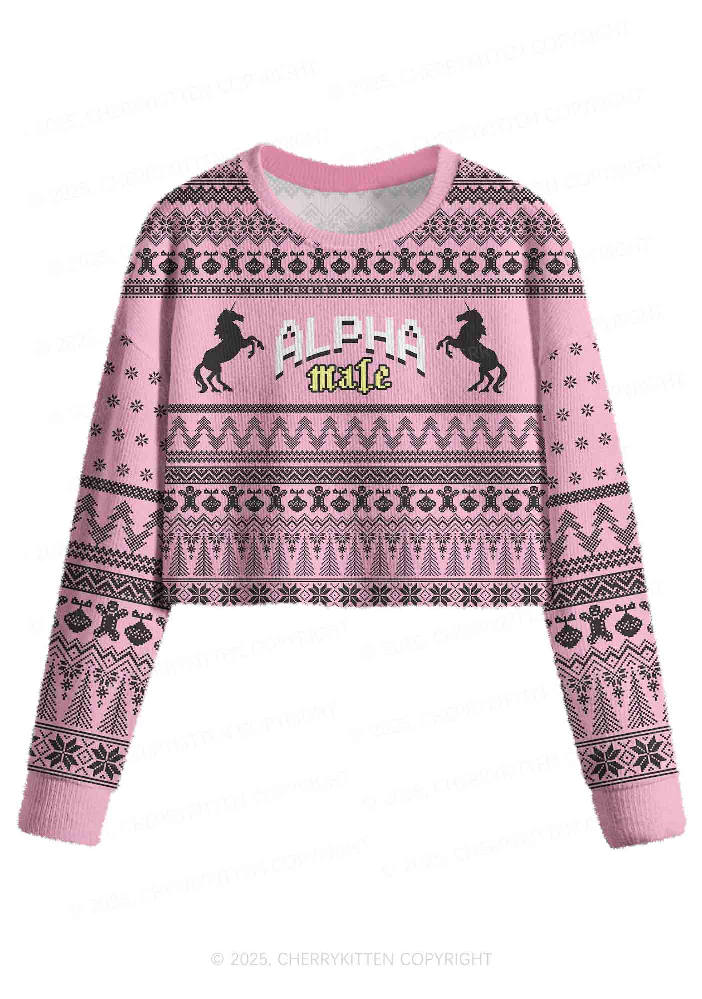 Unicorn Alpha Male Y2K Christmas Crop Knit Sweatshirt Cherrykitten