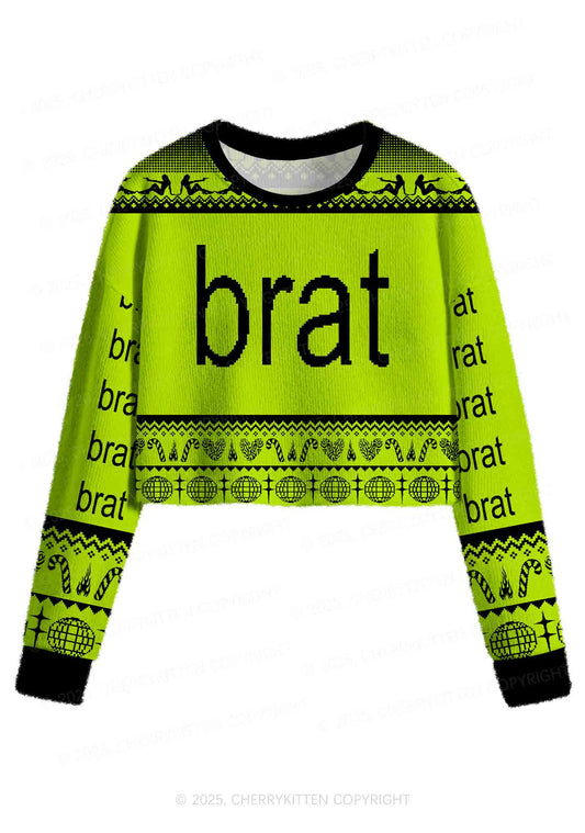 Green Brat Y2K Christmas Crop Knit Sweatshirt Cherrykitten