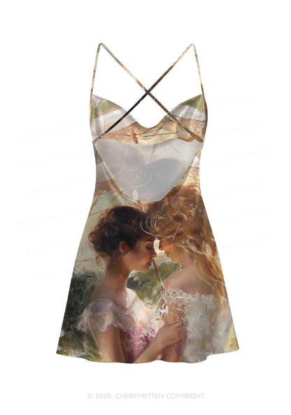 Umbrella Couple Pride Y2K Print Satin Cowl Neck Slip Dress Cherrykitten