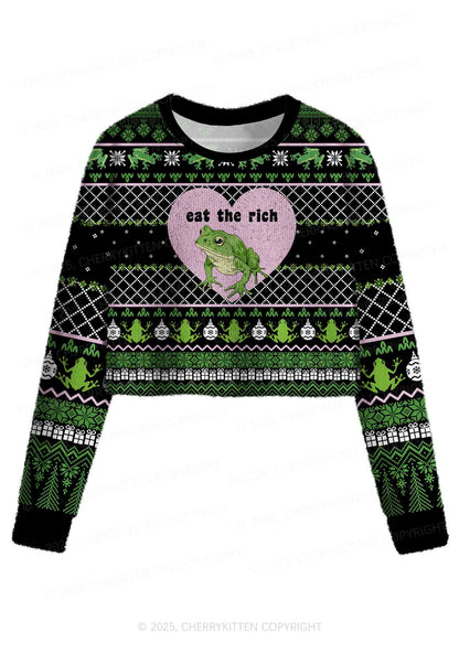 Eat The Rich Frog Y2K Christmas Crop Knit Sweatshirt Cherrykitten