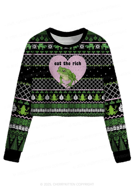 Eat The Rich Frog Y2K Christmas Crop Knit Sweatshirt Cherrykitten