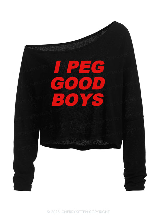 I Peg Good Boys Y2K Off Shoulder Long Sleeve Crop Top Cherrykitten
