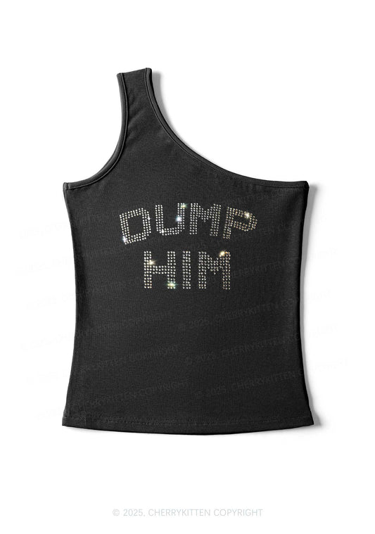 Rhinestone Dump Him Y2K One Shoulder Tank Top Cherrykitten