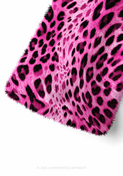 Hot Pink Black Leopard Y2K Print Fuzzy Straight Leg Warmers Cherrykitten