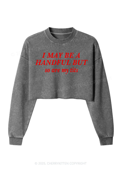 I May Be A Handful Y2K Crop Washed Sweatshirts Cherrykitten