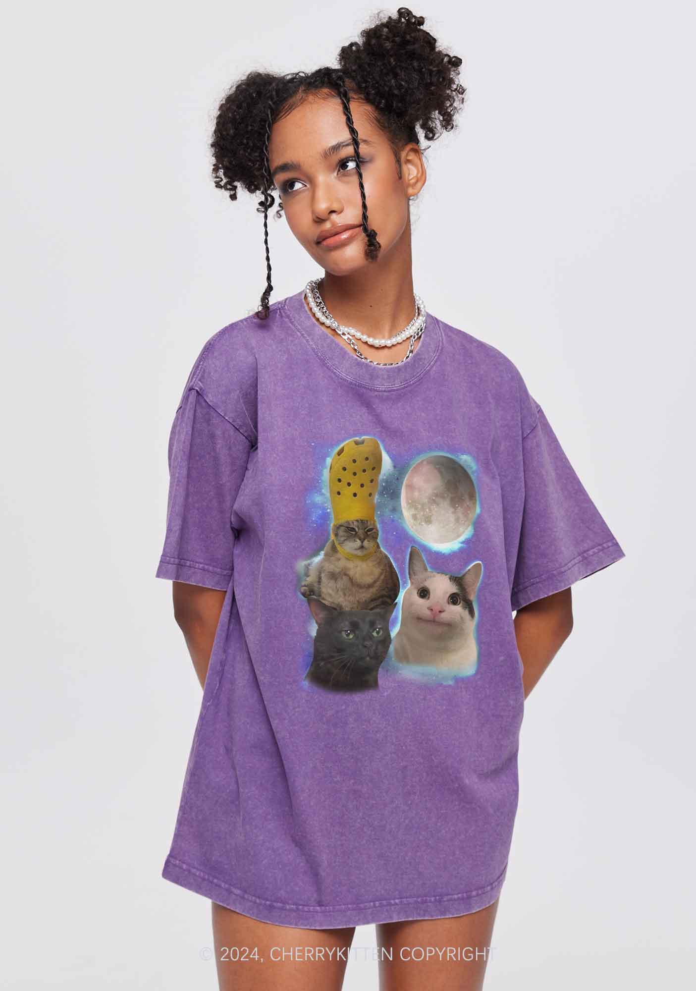 Three Cats Moon Y2K Washed Tee Cherrykitten