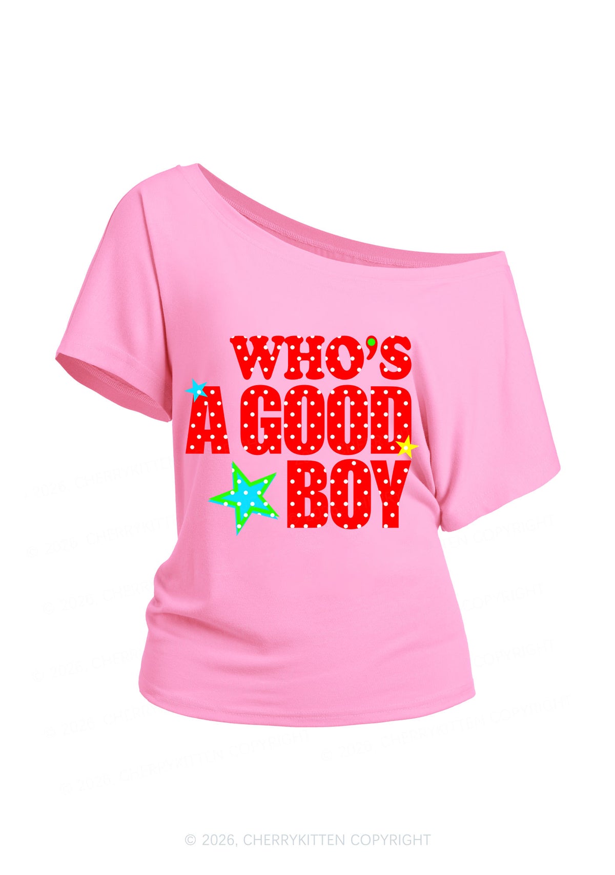 Whos A Good Boy Polka Dots Y2K Off Shoulder Tee Cherrykitten