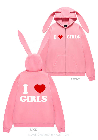 I Love Girls Y2K Bunny Ear Zip Hoodie Cherrykitten