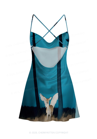 Winged Deer Y2K Print Satin Cowl Neck Slip Dress Cherrykitten