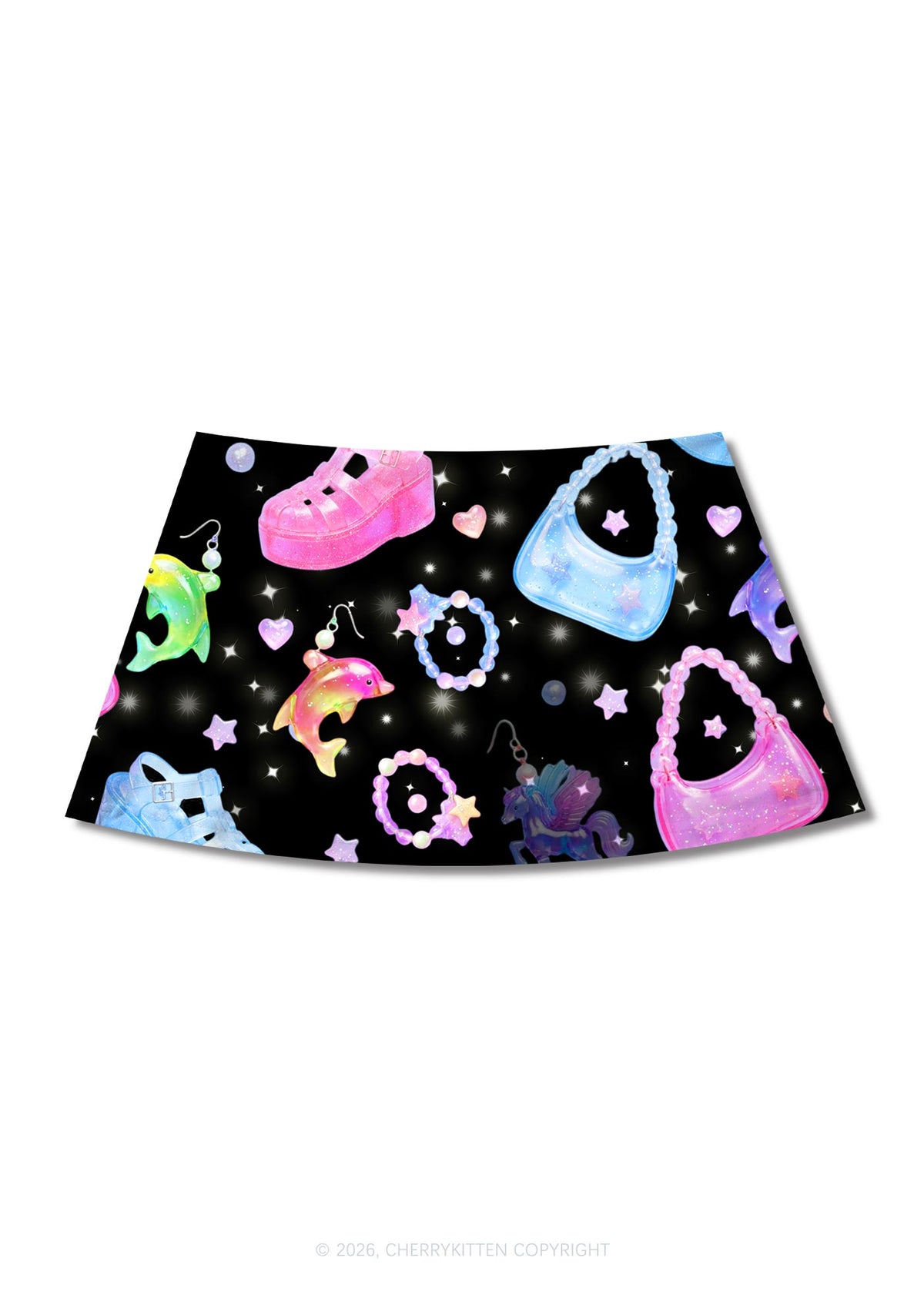 Black Jelly Charms Y2K Print Mini Skirt Cherrykitten