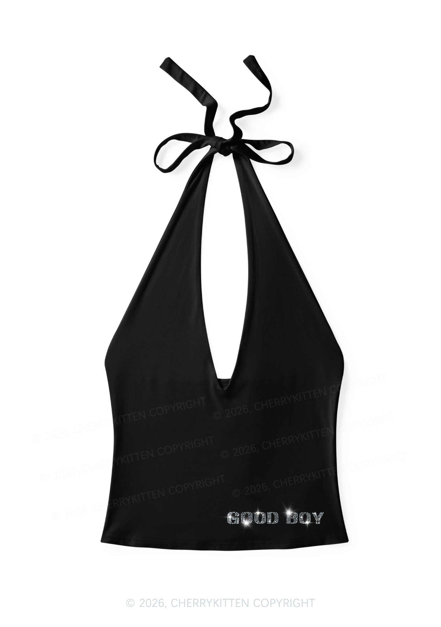 Rhinestone Good Boy Y2K Halter Deep V Neck Cami Cherrykitten