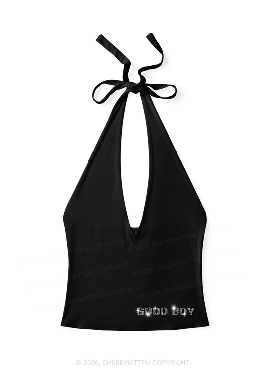Rhinestone Good Boy Y2K Halter Deep V Neck Cami Cherrykitten