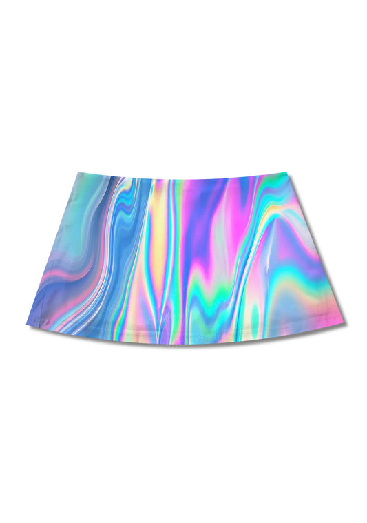 Holographic Iridescent Swirl Y2K Print Mini Skirt Cherrykitten