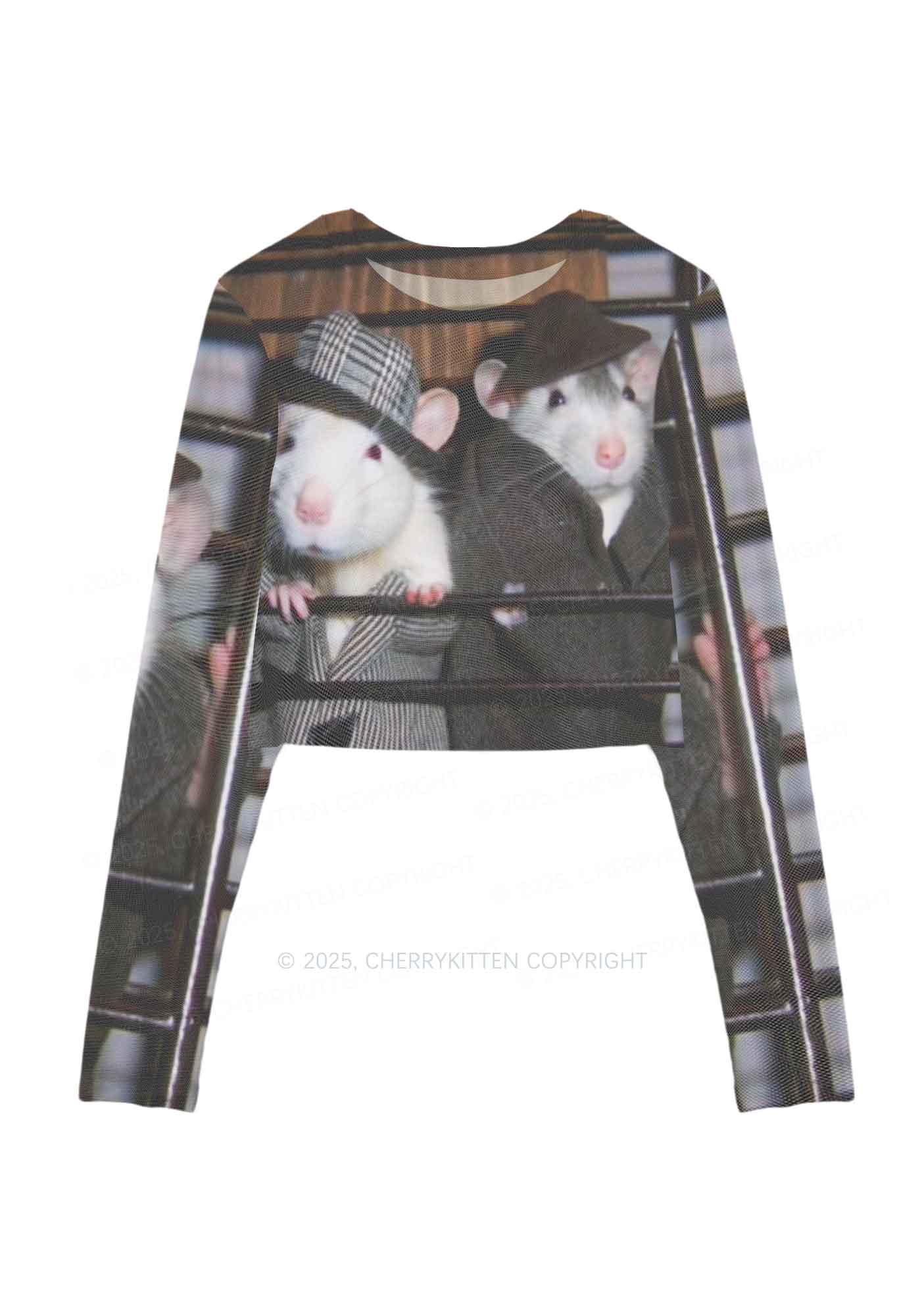 Gentlemen Rats Y2K Mesh Long Sleeve Crop Top Cherrykitten