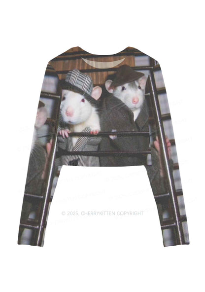 Gentlemen Rats Y2K Mesh Long Sleeve Crop Top Cherrykitten