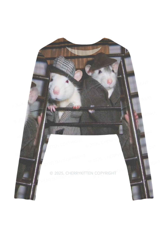 Gentlemen Rats Y2K Mesh Long Sleeve Crop Top Cherrykitten