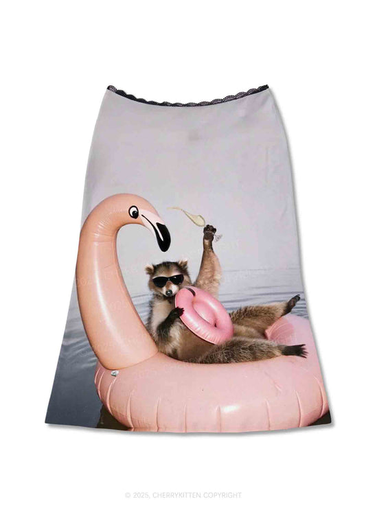 Flamingo Raccoon Y2K Print Midi Skirt Cherrykitten