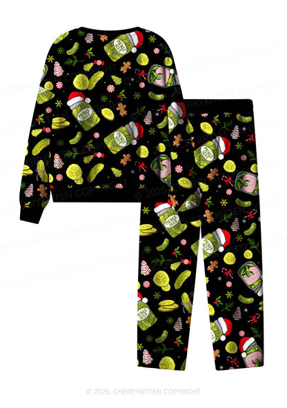 Christmas Black Santa Pickle Y2K Fleece Long Sleeve Pajama Set Cherrykitten