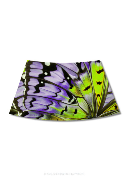 Purple Lime Butterfly Wing Y2K Print Mini Skirt Cherrykitten