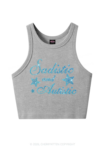 Rhinestone Sadistic And Autistic Y2K Crop Tank Top Cherrykitten