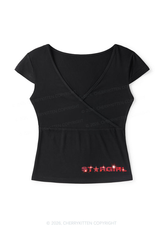 Rhinestone Stargirl Y2K Wrap V Neck T Shirts Cherrykitten