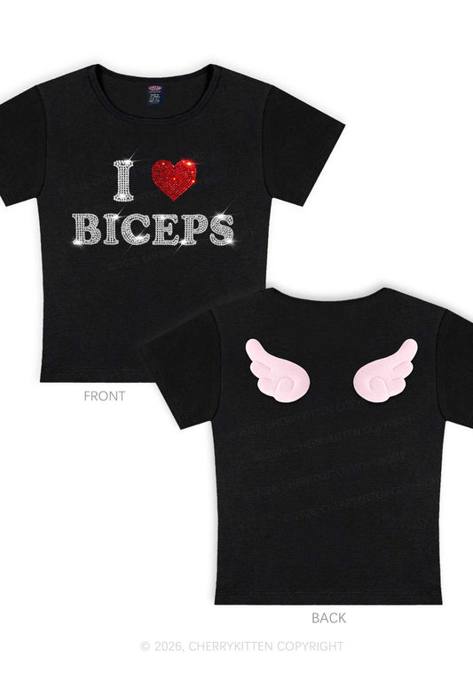 Rhinestone I Love Biceps Y2K Goth Angel Wings Baby Tee Cherrykitten
