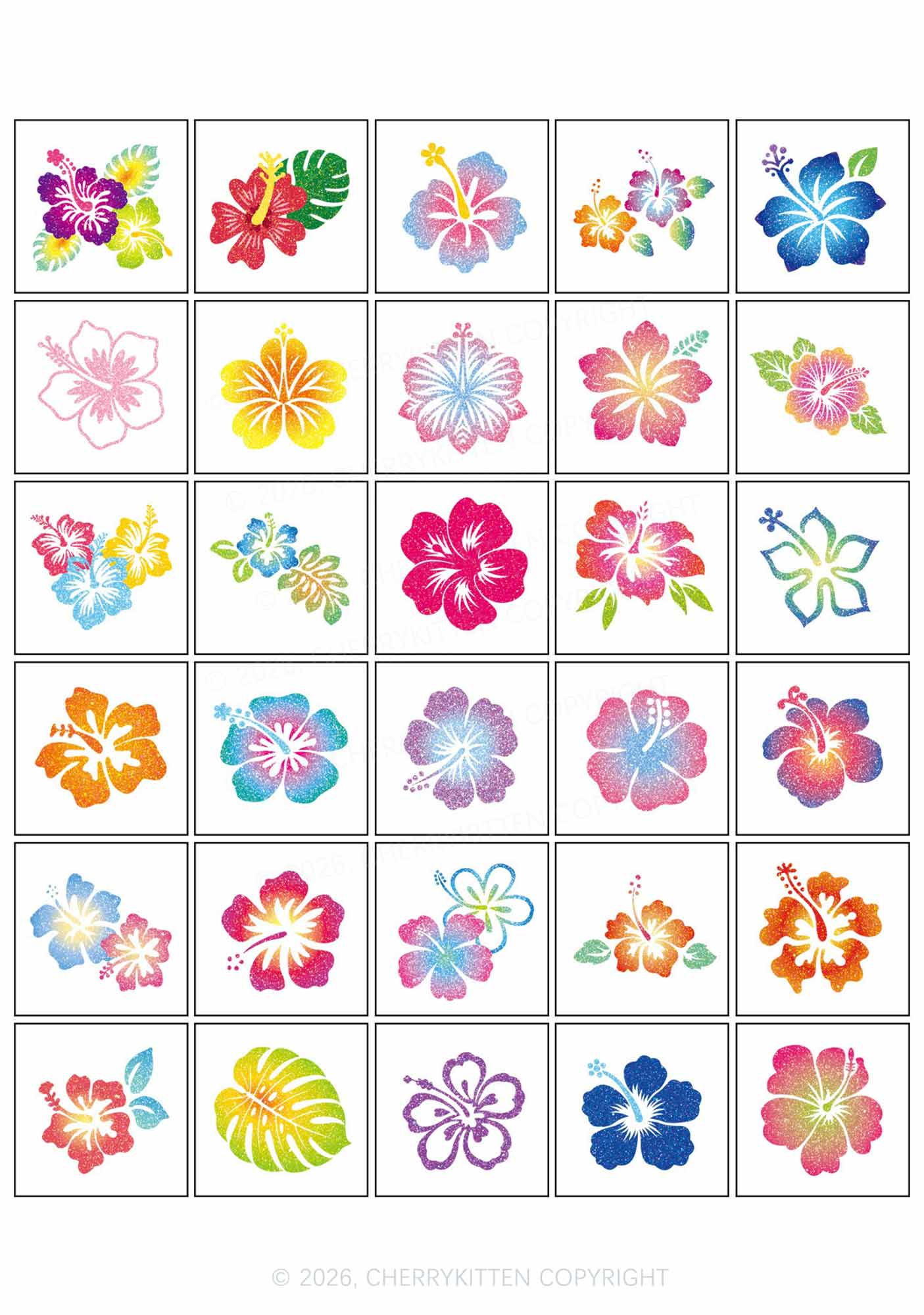 30pcs Hawaiian Hibiscus Flower Marine Animal Y2K Temporary Tattoo Cherrykitten