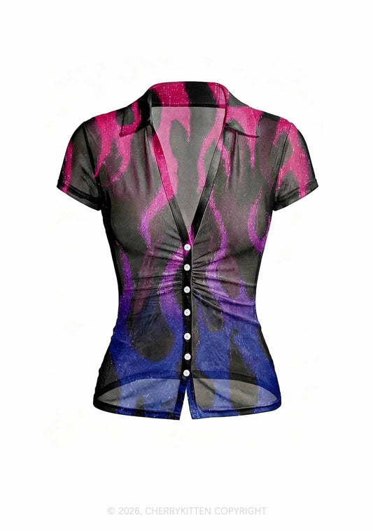 Bisexual Flame Pride Y2K Mesh Ruched  Waist  V Neck Top Cherrykitten