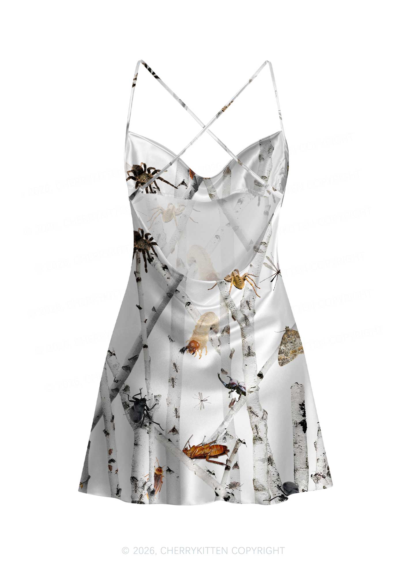 Insects On Birch Y2K Print Satin Cowl Neck Slip Dress Cherrykitten
