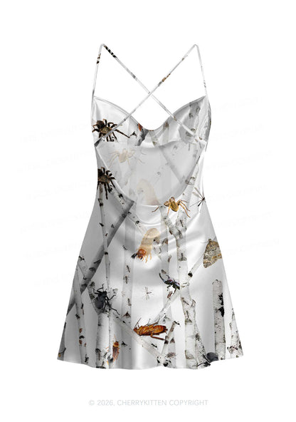 Insects On Birch Y2K Print Satin Cowl Neck Slip Dress Cherrykitten