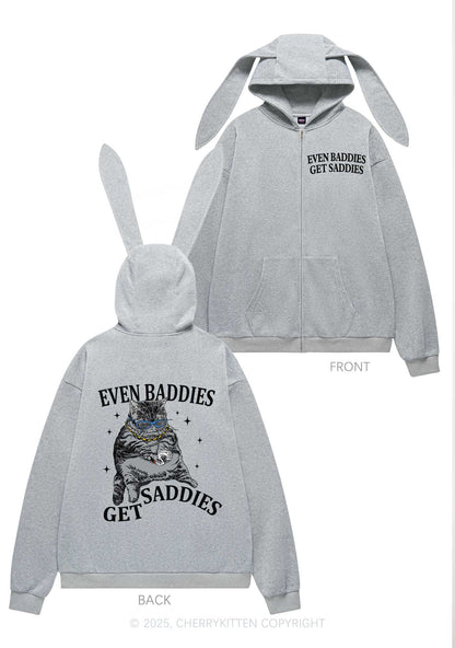 Even Baddies Get Saddies Y2K Bunny Ear Zip Hoodie Cherrykitten