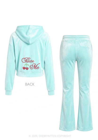 Rhinestone Red Cherry Bite Me Y2K Velvet Tracksuit Set Cherrykitten