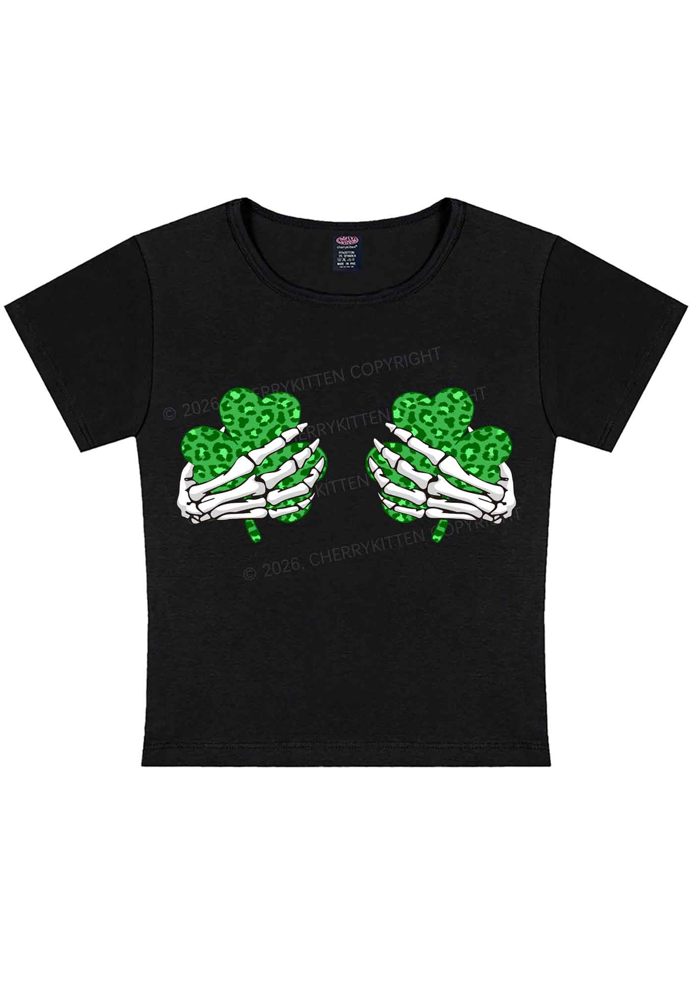 Skeleton Leopard Shamrock St Patricks Y2K Baby Tee Cherrykitten
