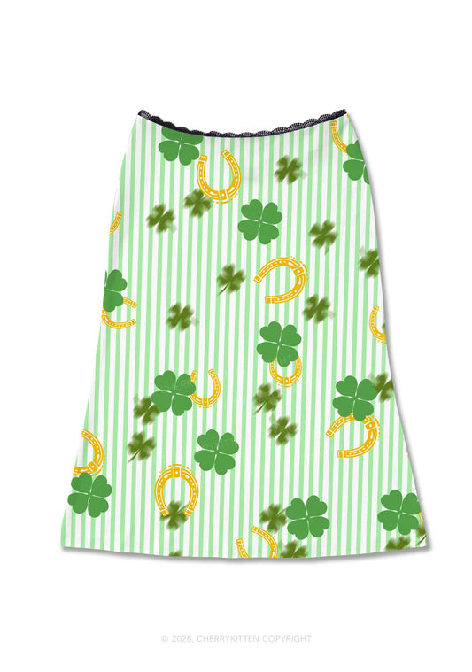 Green Stripe Clover Horseshoe St Patricks Y2K Print Midi Skirt Cherrykitten