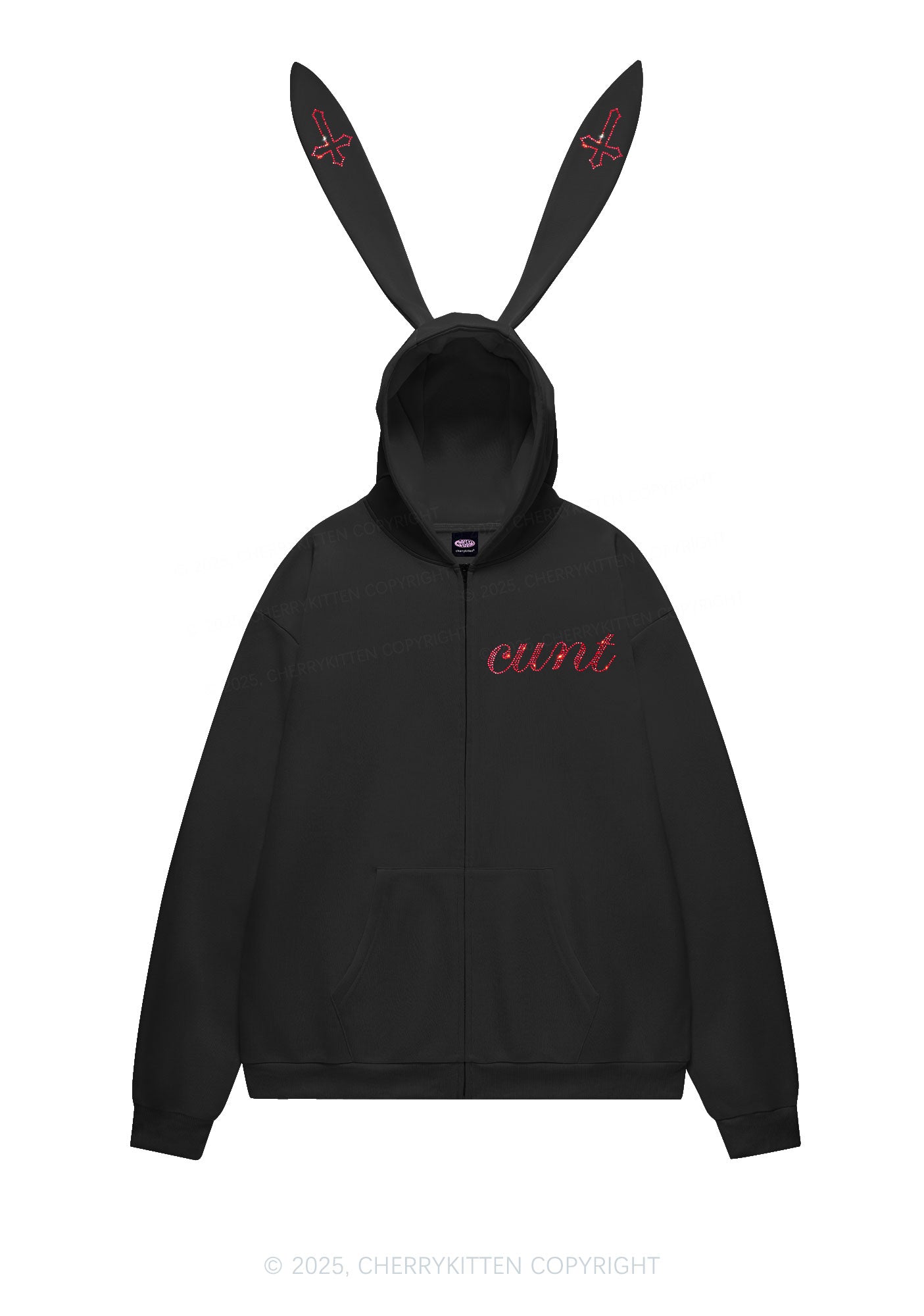 Rhinestone Cxxt Y2K Bunny Ear Zip Hoodie Cherrykitten