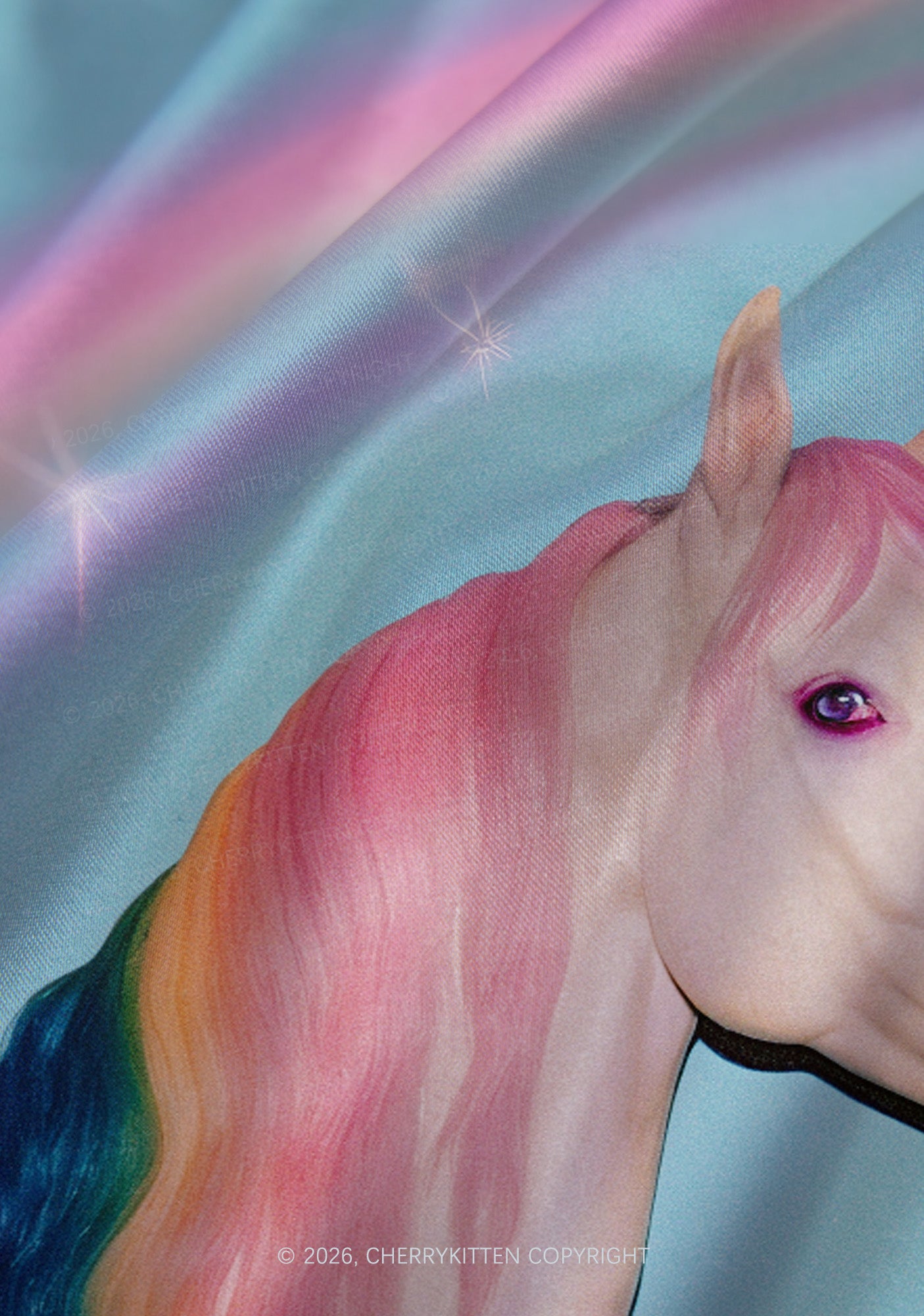 Colorful Unicorn Y2K Print Satin Cowl Neck Slip Dress Cherrykitten